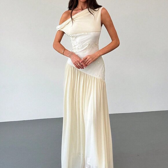 Apricot Elegant Women's Off Shoulder Mesh Floral Embroidered Maxi Dress - Picture 6 of 9